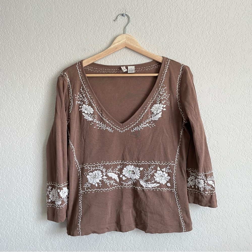Moth Brown Embroidered Blouse Womens small anthropologie y2k vibes